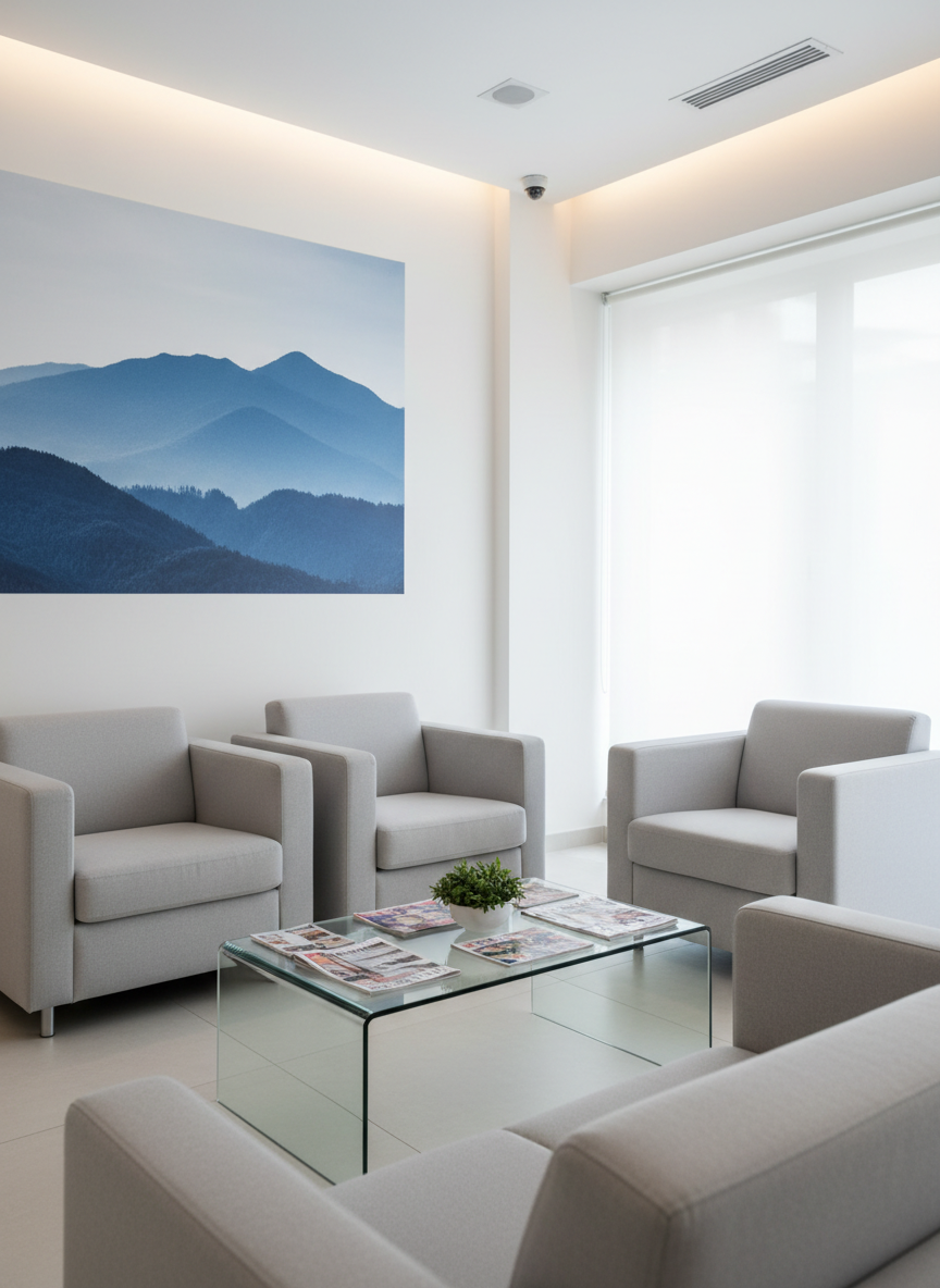 Una sala de espera de clínica de cirugía plástica en Bilbao, sin personas, decorada con sillones modulares tapizados en gris claro de textura suave y líneas rectas. En el centro, una mesa baja de cristal templado con bordes pulidos, que sostiene revistas ordenadas sin portadas legibles y una pequeña planta verde. Las paredes son blancas, con una gran fotografía abstracta en tonos azules que evoca la silueta de las montañas vascas sin ser literal. Luz natural filtrada entra por un amplio ventanal, combinada con iluminación indirecta perimetral, creando una atmósfera calmada y acogedora. Toma fotográfica a nivel del mobiliario, con perspectiva ligeramente diagonal que otorga profundidad y resalta la sensación de clínica moderna, tranquila y profesional.
