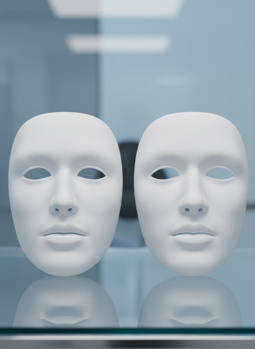 Una imagen conceptual de resultados de cirugía plástica ética sin mostrar cuerpos humanos: dos máscaras faciales neutras en resina blanca mate, colocadas sobre una superficie de cristal transparente. Una máscara presenta características ligeramente asimétricas y la otra, más pulida y armoniosa, representa el resultado, ambas sin rasgos exagerados. Detrás, un fondo desenfocado en tonos azul claro y gris que sugiere un entorno clínico moderno en Bilbao. La iluminación es suave, de estudio, con luz frontal difusa que marca delicadamente los volúmenes de las máscaras y crea sombras muy suaves. Composición lateral en regla de los tercios, con profundidad de campo reducida para resaltar el contraste sutil entre ambas formas, transmitiendo mejora, precisión y naturalidad en la cirugía plástica.