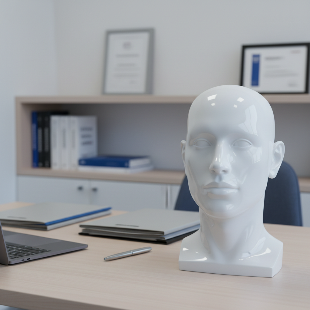 Un escritorio de consulta médica moderno que representa el despacho de un cirujano plástico en Bilbao, sin presencia humana. Sobre una mesa de madera clara con superficie mate se ve un ordenador portátil abierto, un modelo anatómico neutro del rostro y busto en resina blanca pulida, una carpeta de historiales clínicos y un bolígrafo metálico. Al fondo, estanterías bajas con libros médicos de lomos discretos y certificaciones encuadradas pero ilegibles. Luz suave de estudio simulando iluminación natural lateral, creando reflejos sutiles sobre el modelo anatómico. Fotografía de composición en regla de los tercios, con enfoque principal en el modelo facial, fondo ligeramente desenfocado y ambiente sobrio y profesional, en tonos blancos, grises y azules suaves.