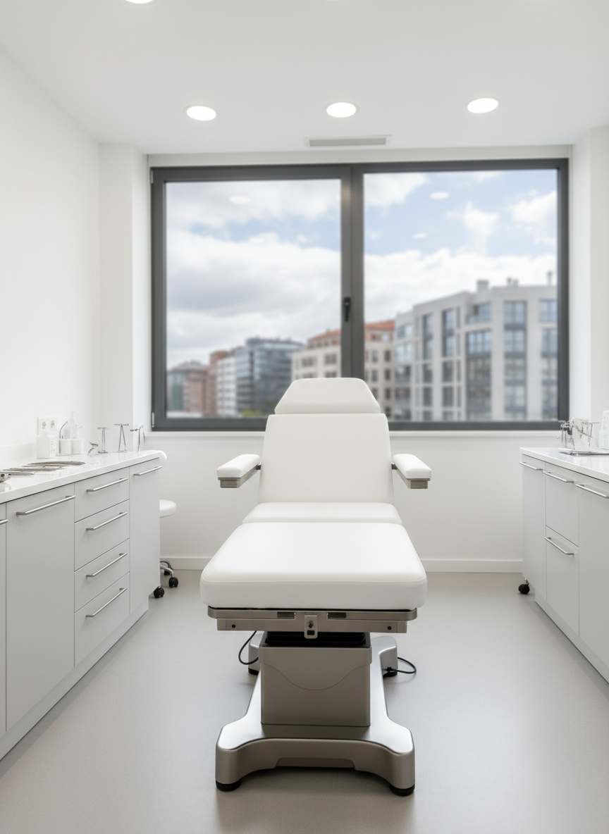 Una luminosa sala de consulta de cirugía plástica en Bilbao, mostrada sin personas, con una camilla blanca impecable de tapizado liso y estructura metálica satinada en el centro. A su alrededor, muebles clínicos de líneas rectas en tonos blanco y gris perla, instrumental cuidadosamente ordenado y una gran ventana con vista ligeramente desenfocada a edificios contemporáneos de la ciudad. La luz natural de media mañana entra difusa, combinada con focos LED empotrados, creando un ambiente claro y aséptico. Composición fotográfica a nivel de los ojos, con profundidad de campo media que mantiene nítido el mobiliario principal y suaviza el fondo. Estilo realista, profesional y minimalista, transmitiendo confianza, higiene y tecnología médica avanzada.