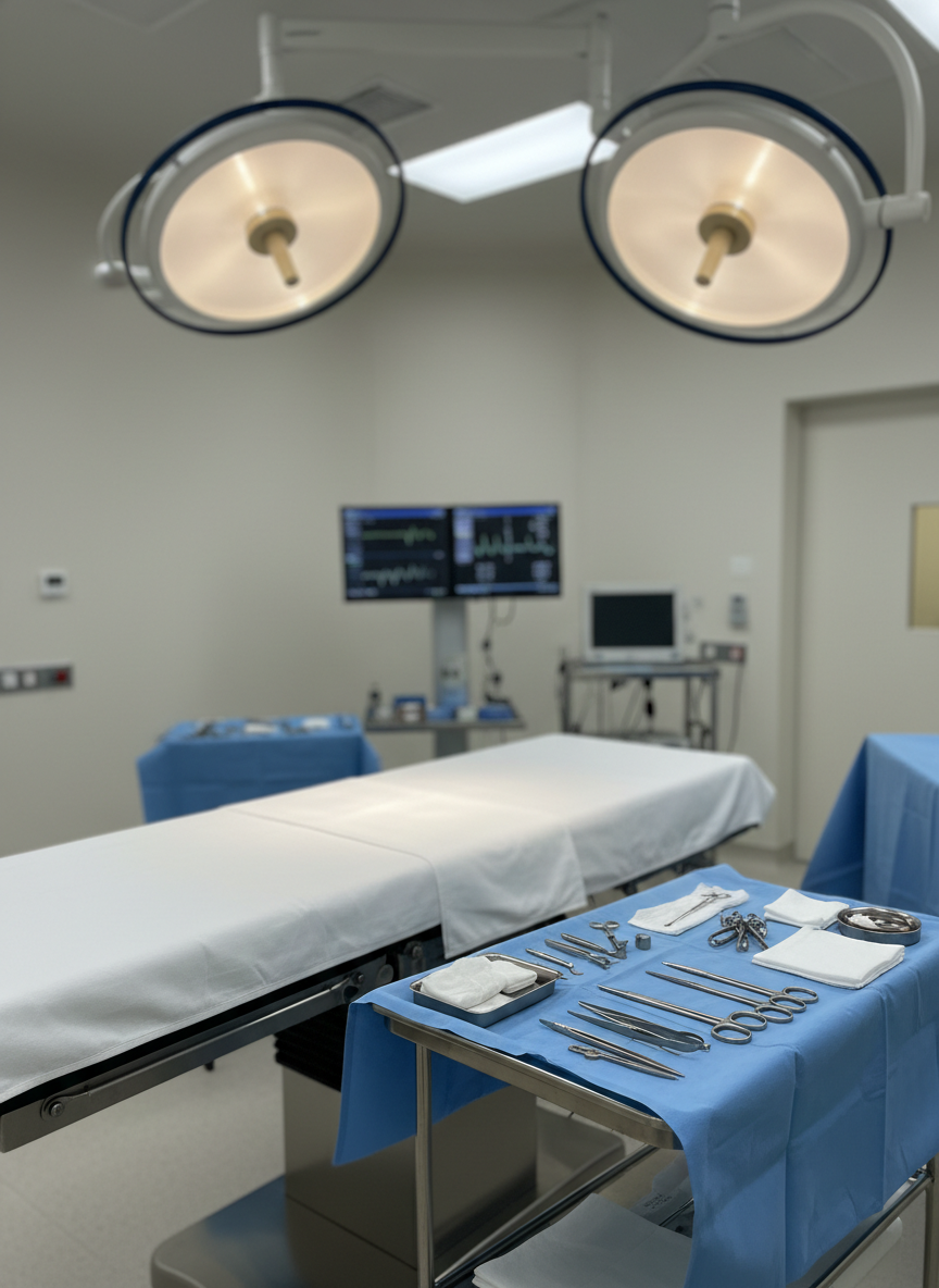Primer plano fotográfico de una camilla de quirófano de cirugía plástica preparada, sin pacientes ni personal, con sábanas perfectamente tensas en blanco puro y una bandeja auxiliar de acero inoxidable pulido con material quirúrgico ordenado y cubierto por paños estériles azules. El entorno es un quirófano moderno de Bilbao, con paredes claras, monitores médicos encendidos mostrando gráficos abstractos desenfocados y lámparas quirúrgicas circulares suspendidas sobre la mesa. Iluminación intensa y homogénea de quirófano, sin sombras duras, resaltando la limpieza y los acabados lisos de las superficies. Composición ligeramente elevada, encuadre centrado en la camilla, con profundidad de campo moderada que mantiene claro el equipamiento cercano y difumina el resto del quirófano, transmitiendo precisión y seguridad.