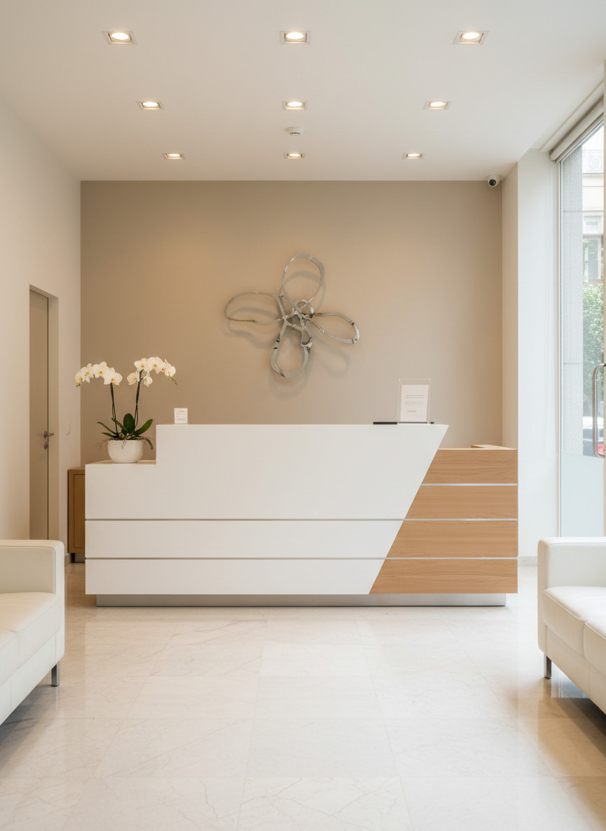 Una recepción de clínica de cirugía plástica en Bilbao vista sin personas, con un mostrador de diseño contemporáneo en blanco brillante y detalles en madera natural clara. Sobre el mostrador, un discreto arreglo de orquídeas blancas en maceta de cerámica y un pequeño expositor acrílico sin texto visible. Al fondo, el nombre de la clínica sugerido mediante una superficie de pared lisa con un elemento decorativo metálico abstracto, evitando letras legibles. La luz es cálida y uniforme, proveniente de focos empotrados y una gran cristalera lateral que aporta claridad. Composición fotográfica en gran angular, con líneas limpias y simetría suave, estilo realista y minimalista, generando una sensación de bienvenida, orden y profesionalidad médica.